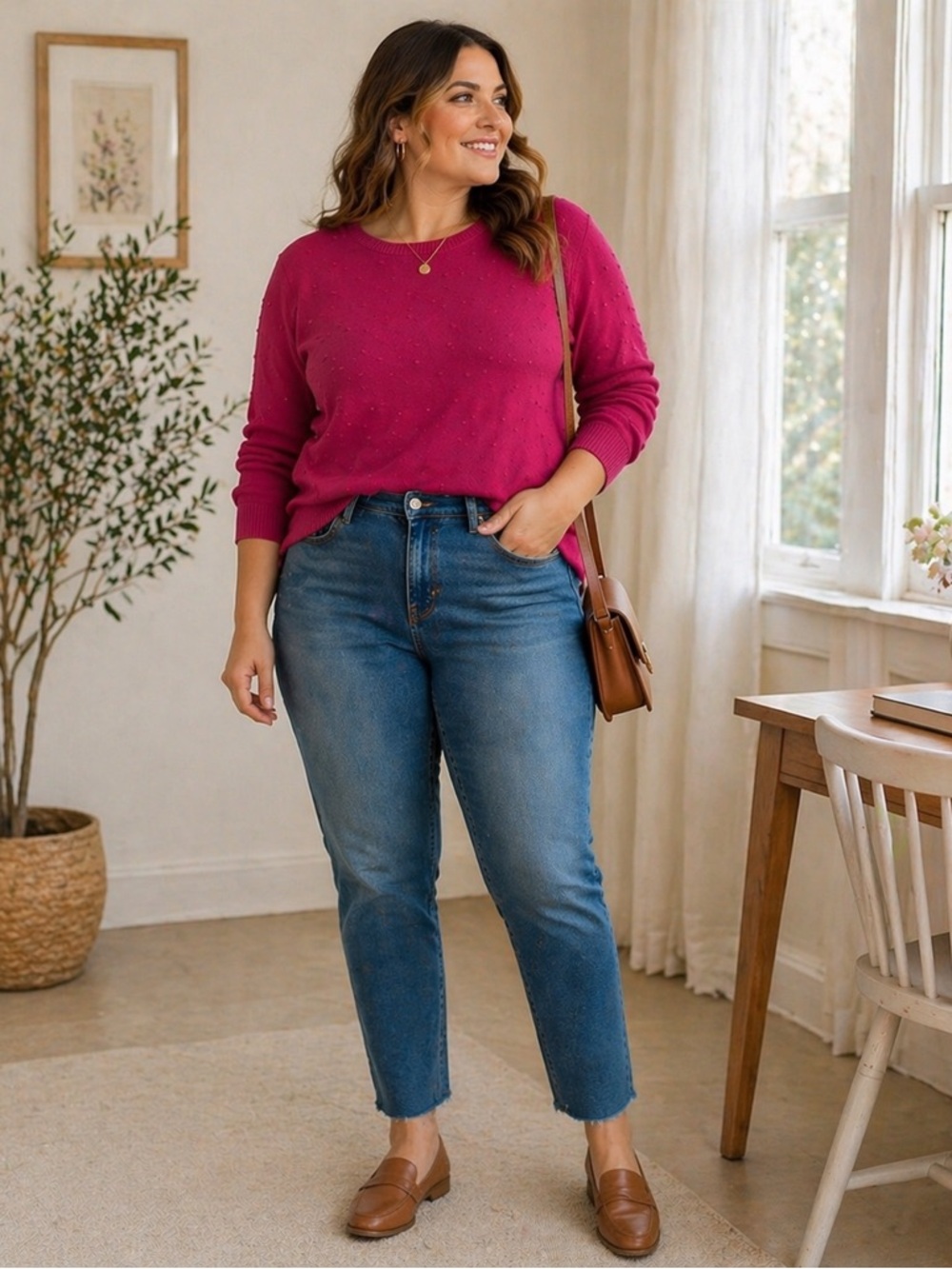 Talbots 100% Cotton Textured Dot Knit Sweater – Bright Pink